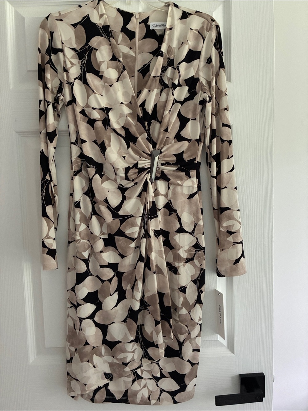 Calvin Klein Black with Taupe & Cream Leaf-Print Twist-Front Long Sleeve Dress